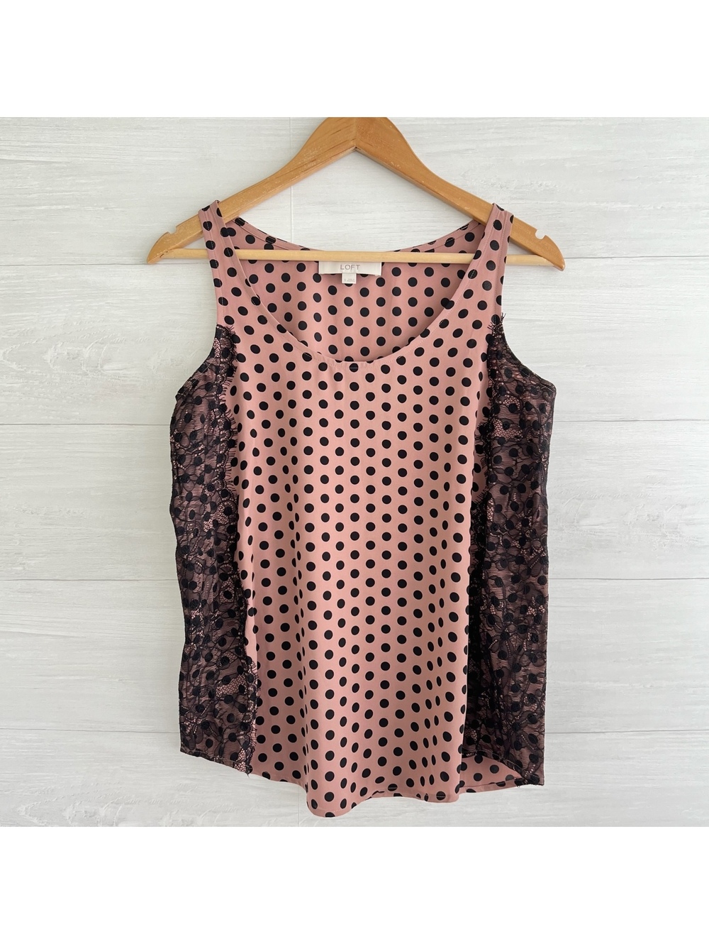 LOFT Women’s S Blush Pink Black Polka Dot Lace Side Sleeveless Tank Top
